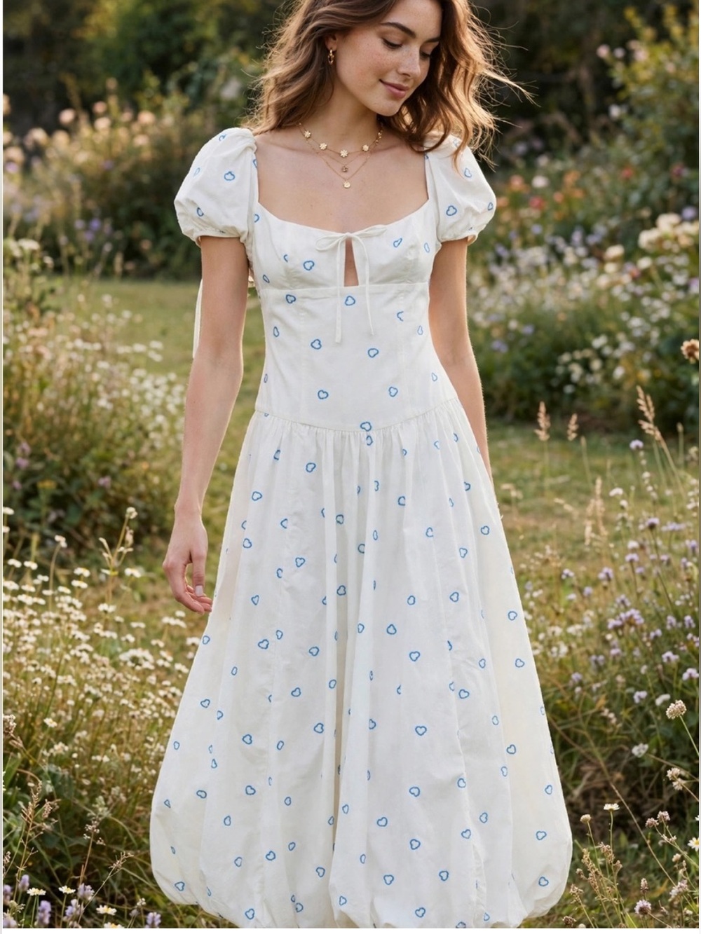 Free People Bali Sprinkled Heart Puff Sleeve Cotton Maxi Dress Sz 2